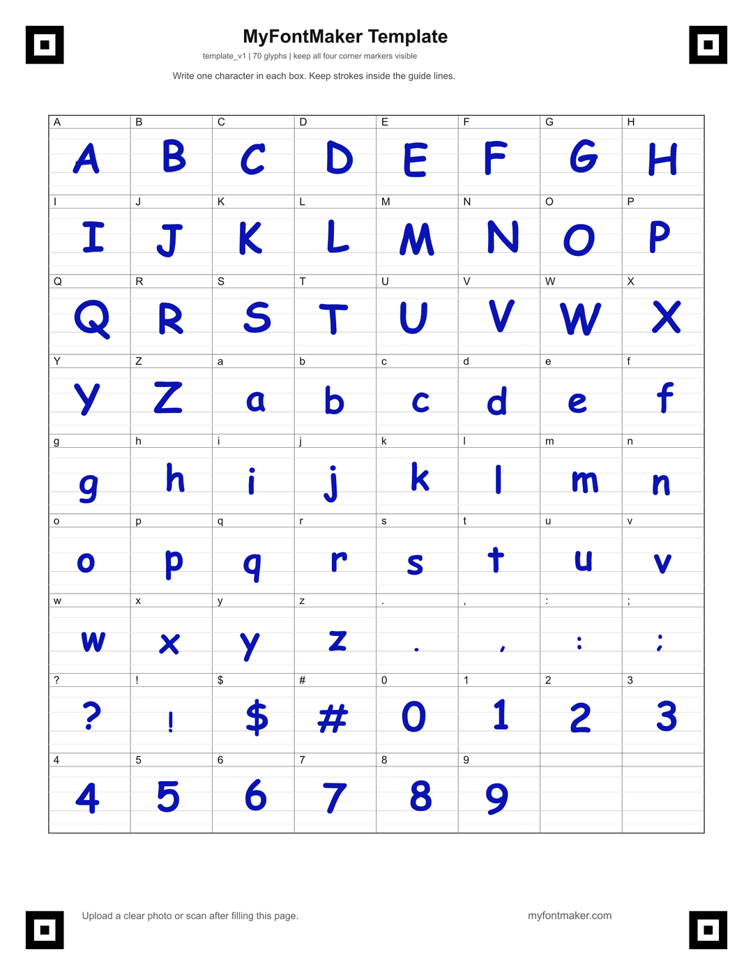 Filled MyFontMaker handwriting template
